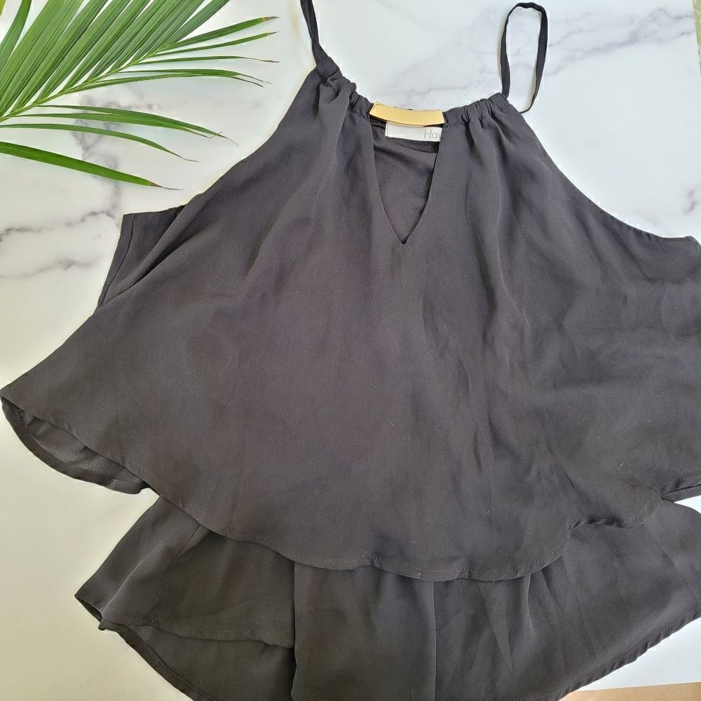 Have womens medium black peplum blouse gold bar collar sleeveless tank minimal